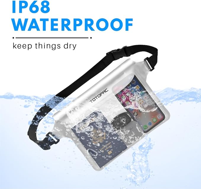 2-Pack Waterproof Fanny Pack, Phone Pouch with Waist Strap, 9x6.7 Inch Dry Bag for Phone, Cash, and Valuables – for Swimming, Kayaking, Boating, Snorkeling, and Water Sports (2, White + White)