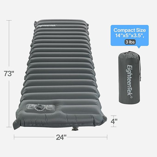 EighteenTek Sleeping Pad Mat Camping Sleeping Pad, Thick 4 Inch Camp Mattress Pad, Built-in Foot Pump Fast Self Inflating Sleeping Pad Backpacking for Hiking Ultralight
