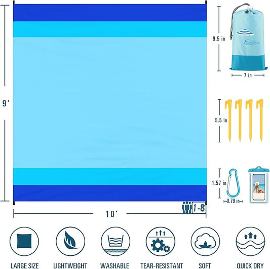 Beach Blanket Sandproof Waterproof 10'×9' 1-8 Adults Oversized,Compact Lightweight Durable Beach Mat for Travel Camping Hiking Picnic Blanket