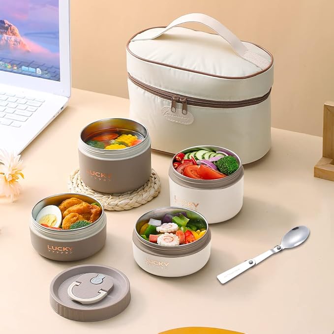 YBOBK HOME Thermal Bento Box Aldult Lunch Box, Portable Insulated Lunch Container For Work Picnic, Keep Warm Stainless Steel Food Container With Bag, Induction Cooker & Microwave Safe (Khaki 68oz)