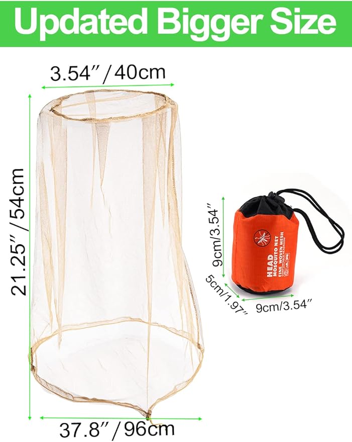 Wohohoho Mosquito Mesh Head Net with Drawstring, Face Netting for Hats & Men/Women - Beekeeper Net Mask Protection for Midge, Bugs & Gnats (2 Packs, Khaki) BIG NET