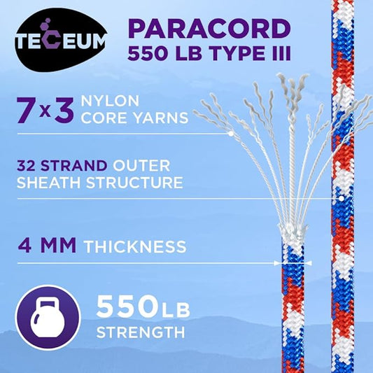TECEUM Heavy Duty Rope 1000 – 1000ft / 200ft / 100ft / 50ft – 40+ Colors – Utility Rope for Survival & Camping Gear – Nylon String, Camping Rope, para Cord, Utility Nylon Rope, Tent Cord