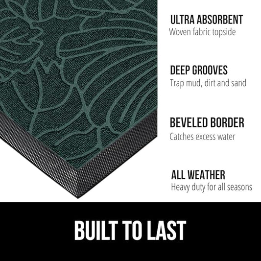 GORILLA GRIP 100% Waterproof All-Season WeatherMax Doormat, 23x35, Durable Natural Rubber, Stain and Fade Resistant, Low Profile, Indoor Outdoor Door Mats, Easy Clean Patio Entrance Mat, Green Palm