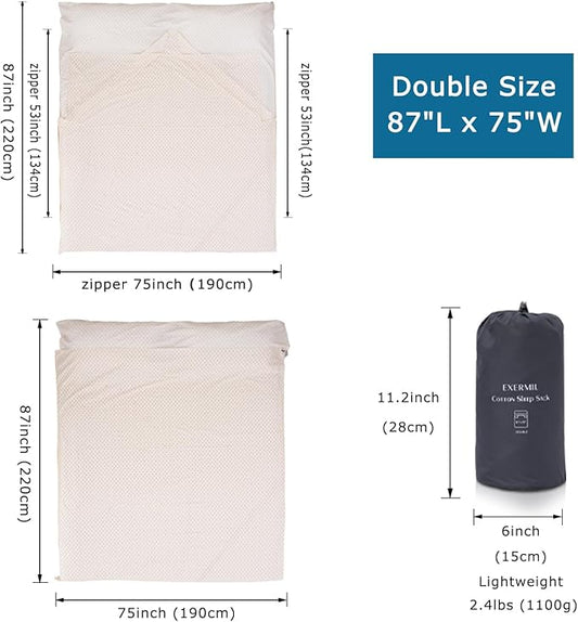 100% Cotton Sleeping Bag Liner with Full Length Zipper on 3 Sides; Single/Double Adult Sleep Sack for Travel & Camping, Multifunctional Travel Sheets (Unzipped 87”x87”) for Hotel, Lightweight