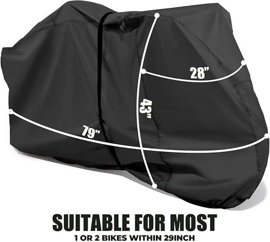Bike Cover for 1 or 2 Bikes Outdoor Storage Waterproof Bicycle Cover for Transport on Rack, Rain Sun UV Dust Wind Proof with Wind-Secure Strap & Storage Bag, 420D Heavy Duty Bike Covers