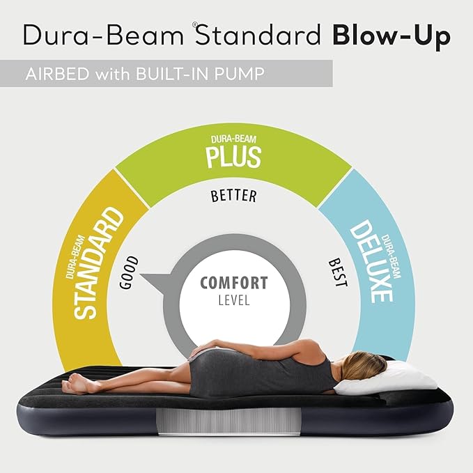 Intex 64765E Dura-Beam Standard Classic Air Mattress with Inflatable Pillows: Fiber-Tech - Queen Size - Hand Pump - 10in Bed Height - 600lb Weight Capacity