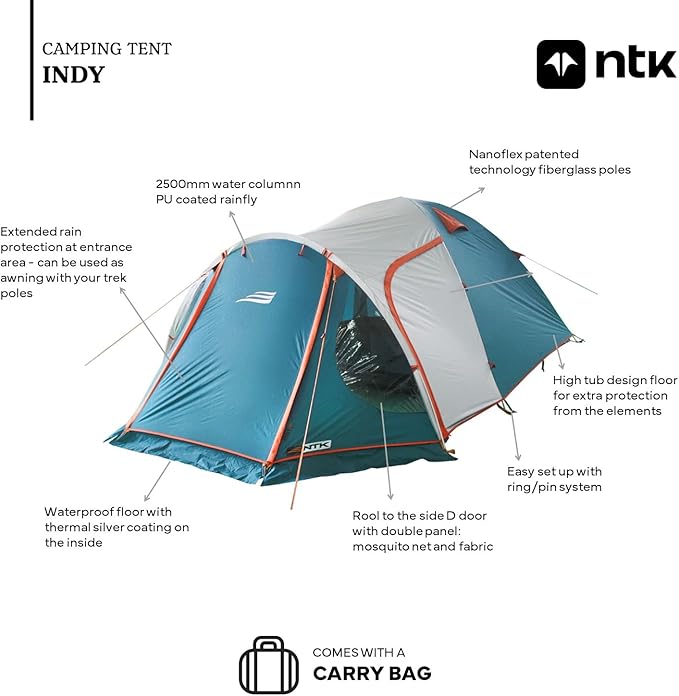 NTK Indy GT 4/6/8 Person Outdoor Tent for Camping | Extended Front & Canopy | 100% Waterproof Dome & Breathable Mesh | 3 Season Easy Setup Tent