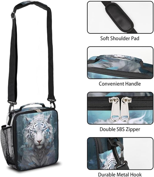 Animal Lunch Box for Kids, Watercolor White Tiger Lunch Bag for Boys Girls, Reusable Insulated Waterproof Lunch Box with Adjustable Shoulder Strap Thermal Cooler Tote Bag for School Daycare Picnic