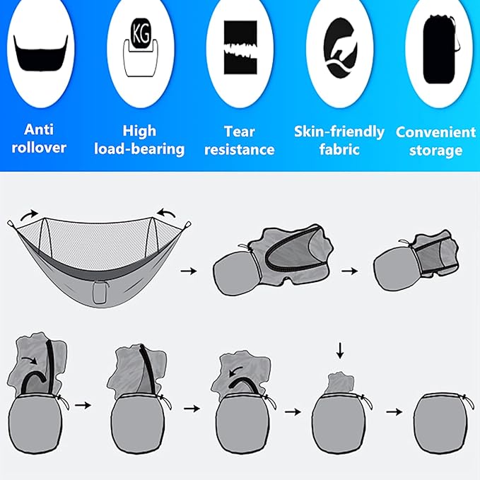 LFL Camping Hammock with Mosquito Net, Hammocks with 13ft Tree Straps Carabiners, Automatic Quick Open Outdoor Portable Hammock, Nylon Parachute Material Outside Hammock with net, Blue