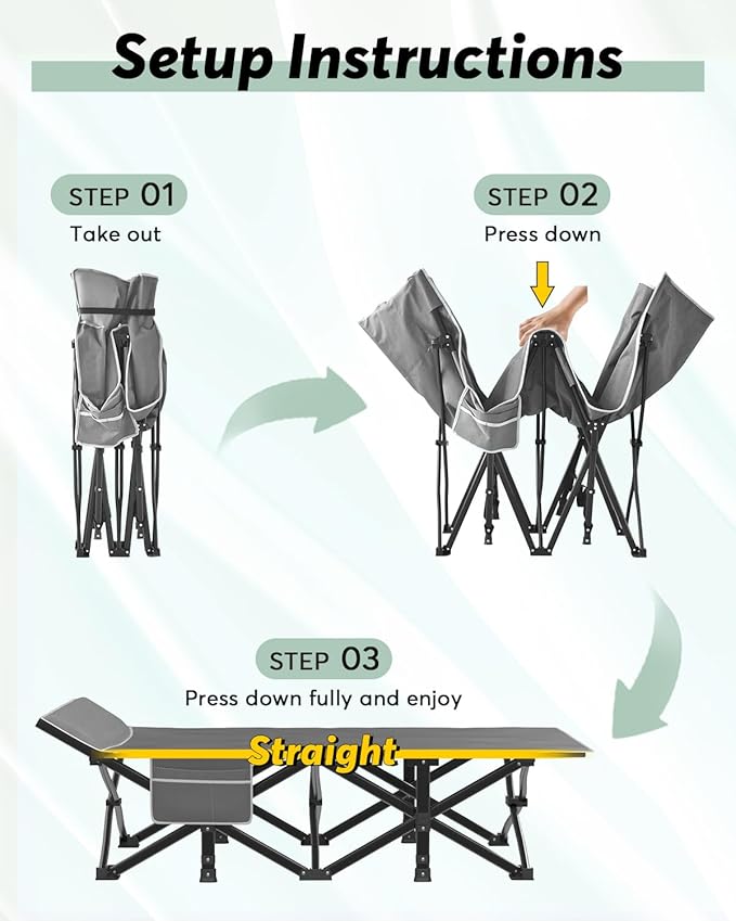 ZENPETIO Camping Cots for Adults, Portable Folding Sleeping Cot with Carry Bag, 1200D Double Layer Oxford Ultra Soft Cot Bed with Mattress, Tent Cot for Travel Office Hospital, Support 500lbs, Gray
