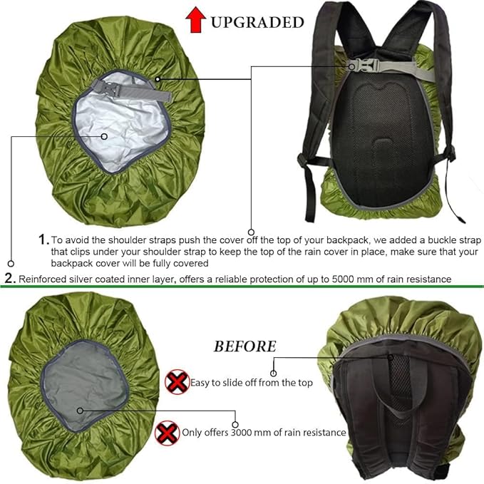 Waterproof Backpack Rain Cover with Adjustable Anti Slip Buckle Strap & Sliver Coating Reinforced Inner Layer for Camping, Traveling, Hunting, Hiking, Biking and More, 40-50L(Green)