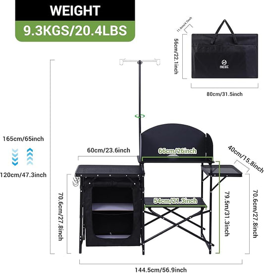 Nice C Camping Kitchen Station, Folding Table & Organizers, Upgrade Light Stand and Windshield Cooking Station, Carry Bag for Beach, Picnic (Black)