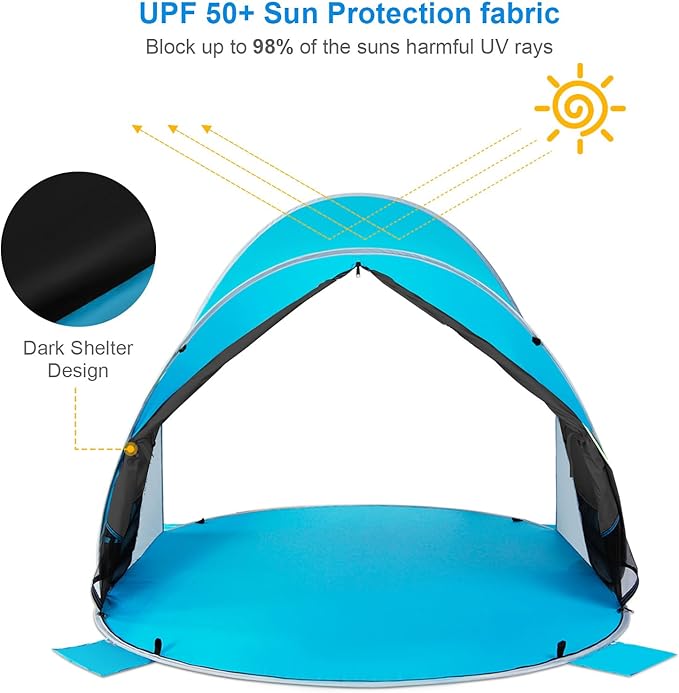 WolfWise UPF 50+ Easy Pop Up 3-4 Person Beach Tent Sport Umbrella Instant Sun Shelter Tent Sun Shade Canopy, Dark Shelter-Blue