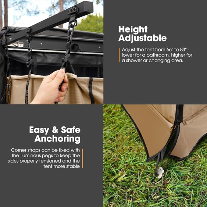 SanHima Awning Shower Tent with Roof - Car Side Shower Room w/LED Light, Camping Waterproof Portable Privacy Shelter Bathroom Overland, Khaki