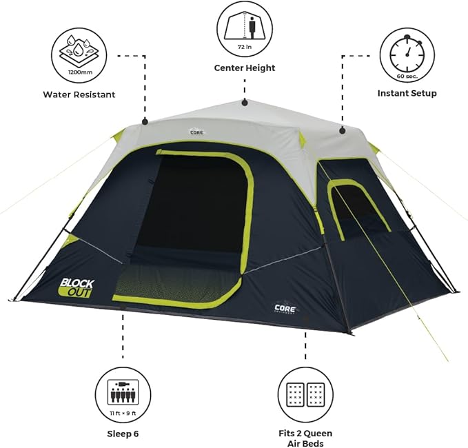 CORE Blackout Instant Cabin Tent | Large Family Pop Up Dark Room Tent with Easy Camp Setup | Included Storage Pockets for Outdoor Camping Accessories