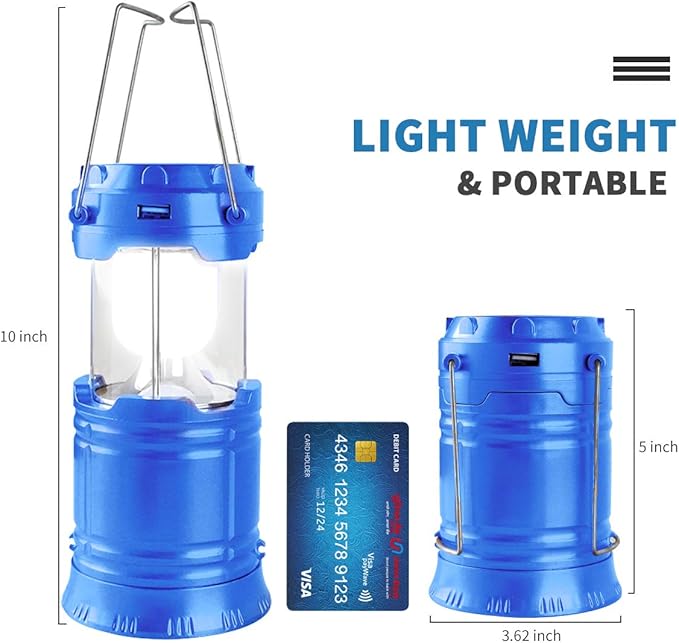 LED Camping Lantern, Solar and Rechargeable Lantern Flashlight Collapsible and Portable Light for Daily/Camp/Hiking/Night Fishing/Emergency/Hurricanes/Storm(Blue, 1 Pack)