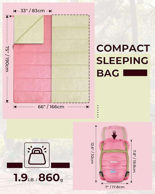 Sleeping Bag, Ohuhu Lightweight Sleeping Bag 3 Season Warm Weather Portable Compact Sleeping Bags for Adult Kids with Carry Bag for Camping Hiking Backpacking and Outdoors 59℉-77℉