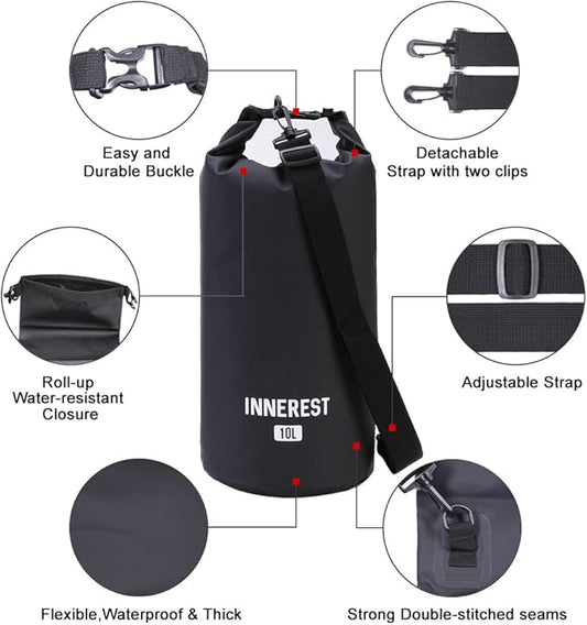 Waterproof Dry Bag Lightweight Sack for Outdoor Water Recreation Beach Boating Camping Fishing Kayaking with a Waterproof phone pouch (Matte Black, 10L)