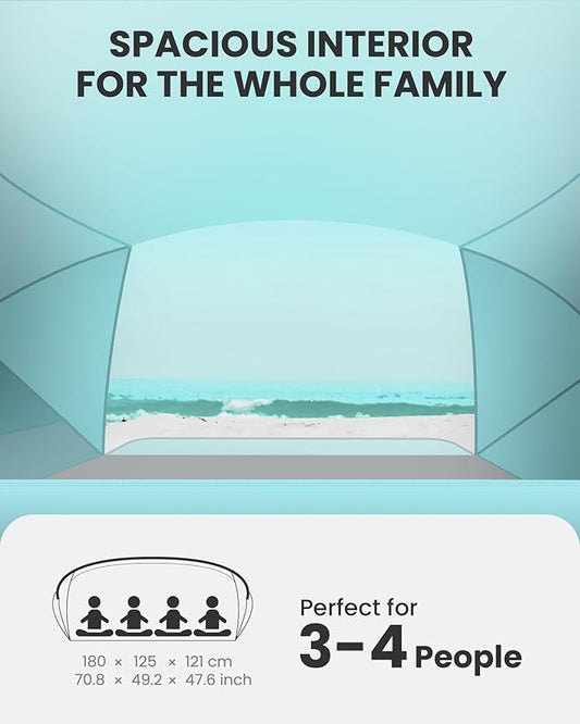 OutdoorMaster Beach Tent for 3-4 Person - Easy Setup and Portable Beach Shade Sun Shelter Canopy with UPF 50+ UV Protection Removable Skylight Family Size - Green