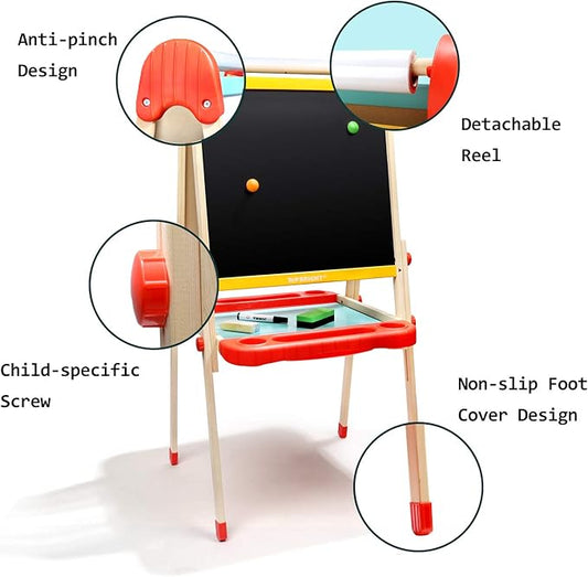TOP BRIGHT Wooden Art Easel for Kids, Toddler Easel Adjustable with Painting Whiteboard, Child Easel with Magnetic Blackboard