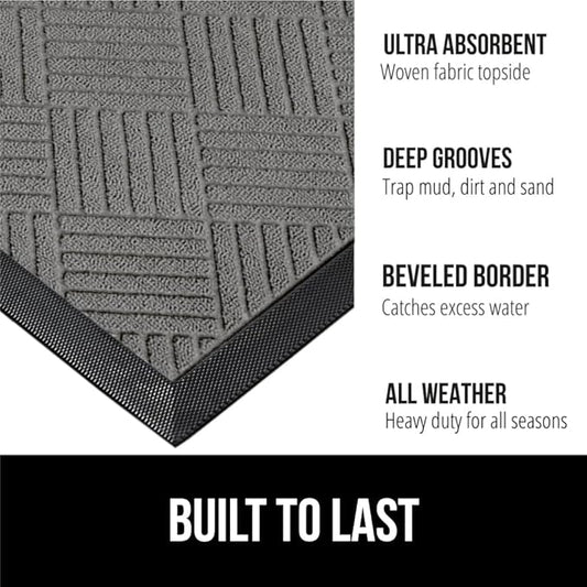 GORILLA GRIP 100% Waterproof All-Season WeatherMax Doormat, Durable Natural Rubber, Stain and Fade Resistant, Low Profile, Indoor Outdoor Door Mats, Easy Clean Patio Entrance Mat, 23x35, Steel Diamond