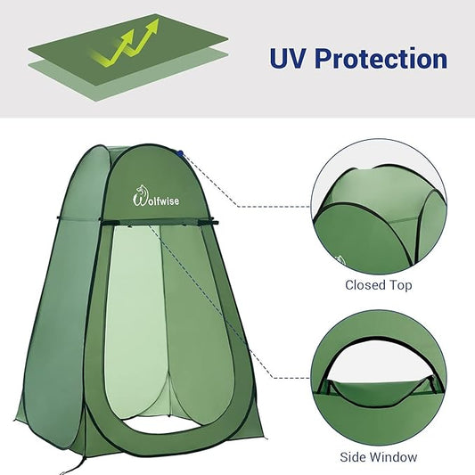 WolfWise Portable Pop Up Privacy Shower Tent, Spacious Changing Room, Dressing Room, Sun Sunshade Canopy Outdoor Rain Shelter, Backpack Privacy Shelters for Camping, Hiking, Beach, Toilet, Green