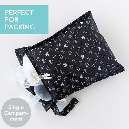 Bumkins Disney Waterproof Wet Bag for Baby, Travel, Swim Suit, Cloth Diapers, Pump Parts, Pool, Beach, Gym Clothes, Toiletry, Hook to Stroller, Daycare, Zip Reusable Wetdry Packing, Mickey Mouse Icon