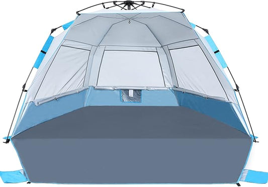 Beach Tent Instant Pop up Sun Shade Shelter for 4-6 Person with UV Protection,Extended Floor,3 Mesh Roll Up Windows with Carry Bag, Sandbags, Stakes(Sky Blue)