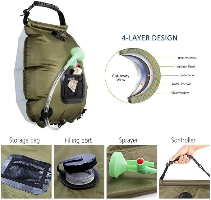 Solar Portable 5 Gal/20L Heating Removable Hose & On-Off Switchable Compact Shower Bag for Camping Hiking Traveling Beach Swimming