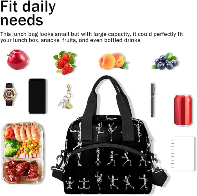 Black and White Skull Insulated Lunch Bags for Women Men Adult Skeleton Goth Reusable Lunch Tote Therma Cooler Bag with Shoulder Strap Lunch Box for School Work Office Picnic Meal Prep Bag