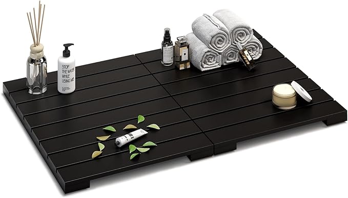 Waterproof Bamboo Bath Mat for Shower, Foldable | Non-Slip | Heavy Duty, Wooden Bath Mat, Floor Mat and Doormat for Indoor Outdoor (Black, 23.5 x 15.6IN)