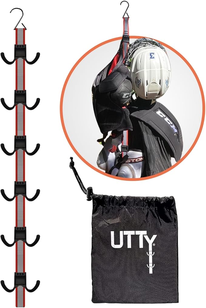 UTTY Hanging Multipurpose Portable Hockey Drying Rack - Durable Gear Keeper & Sports Equipment Organizer - 6 Adjustable Hooks Support Light to Heavy Weight for Home, Travel & Outdoor Use