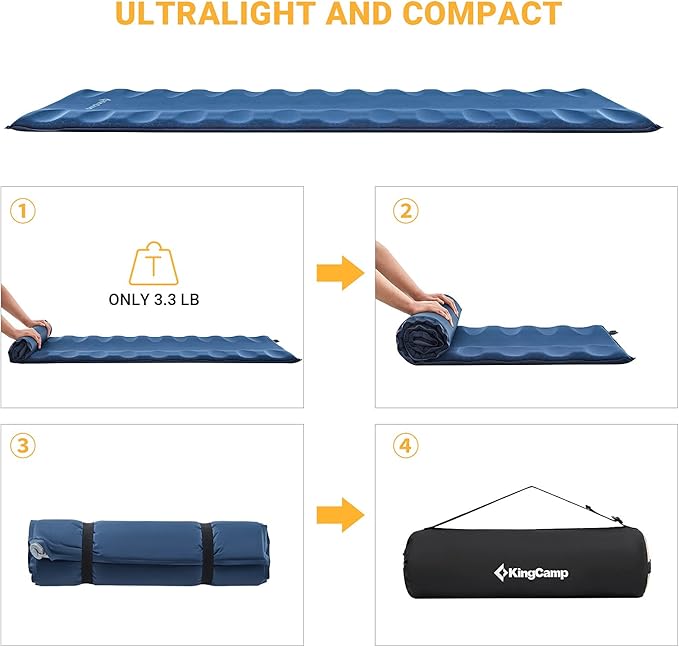 KingCamp Self Inflating Sleeping Pad 3D Inflatable Folding Sleeping Pad, Ultralight Camping Air Mattress Pad 2 Inch for Tent Hiking and Adults, Blue2