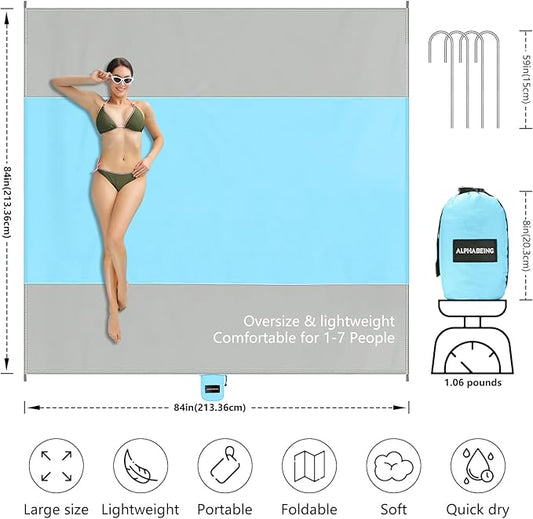 AlphaBeing Beach Blanket – Oversized 84"x84" Sandproof, Waterproof, Quick-Dry Mat for 1–7 Adults