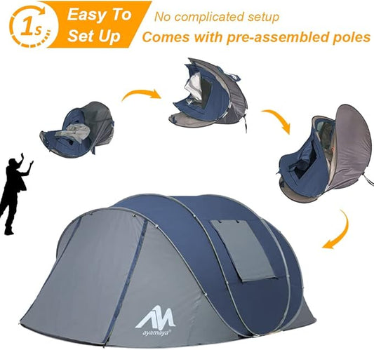 6 Person Easy Pop Up Tents for Camping - AYAMAYA Double Layer Waterproof Instant Tent with Vestibule & Porch, Large Size Family Tent Automatic Setup for 4-6 People Camping Hiking (Poles Included)
