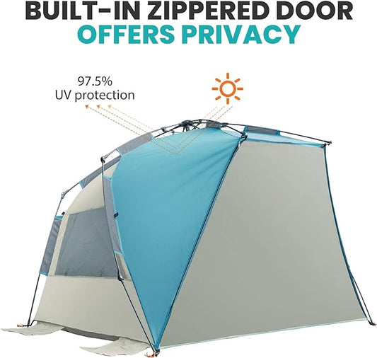 OutdoorMaster Beach Tent for 3-4 Person - Easy Setup and Portable Beach Shade Sun Shelter Canopy with UPF 50+ UV Protection Removable Skylight Family Size