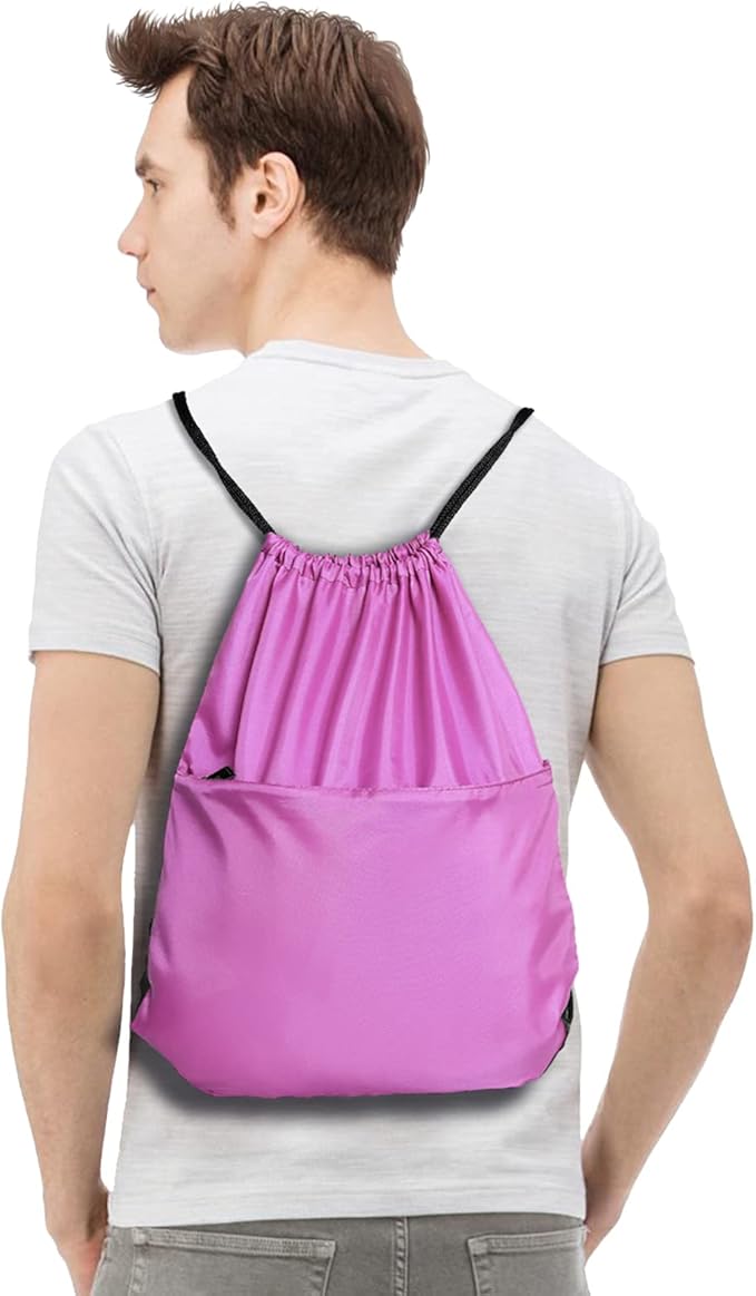 BuyAgain Drawstring Backpack Sports Water Resistant String Bag Sport Gym Sackpack for Women Men Large with Zipper, Pink