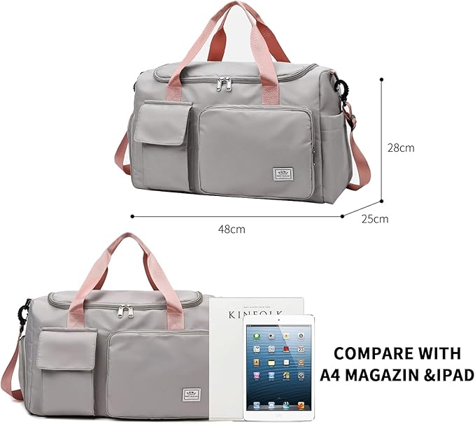 Travel Duffel Tote Bag with Dry Wet Separation Pocket, Weekender Bag for Women and Men,Waterproof Bag with Shoe Compartment Lightweight and Easy Carry on Grey