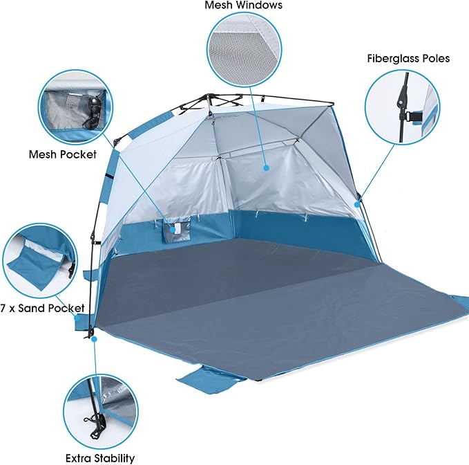 Beach Tent Instant Pop up Sun Shade Shelter for 4-6 Person with UV Protection,Extended Floor,3 Mesh Roll Up Windows with Carry Bag, Sandbags, Stakes(Turquoise)