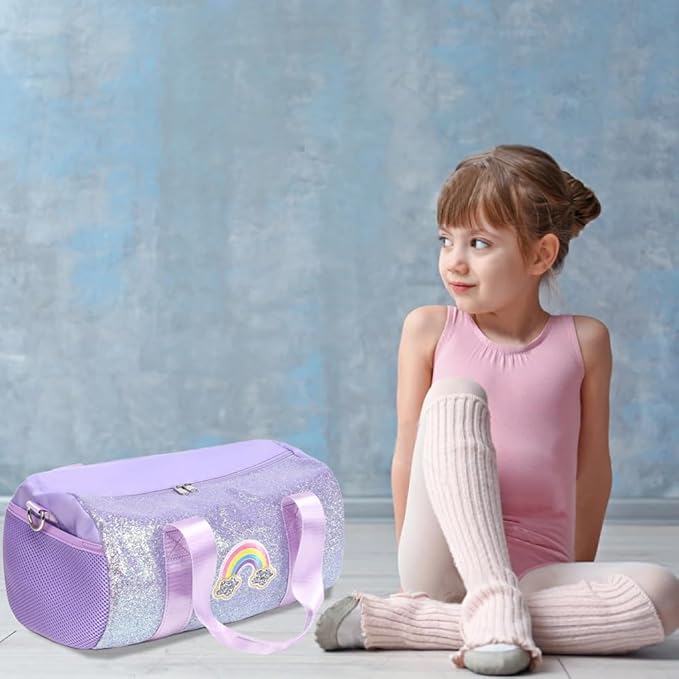 Ballet Dance Bag for Girls Shiny Rainbow Glitter Sports Duffle Bags for Girls Ballerina Duffle with Waterproof Dry Wet Separated Compartment