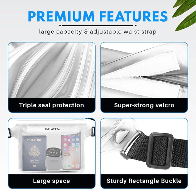 2-Pack Waterproof Fanny Pack, Phone Pouch with Waist Strap, 9x6.7 Inch Dry Bag for Phone, Cash, and Valuables – for Swimming, Kayaking, Boating, Snorkeling, and Water Sports (2, White + White)