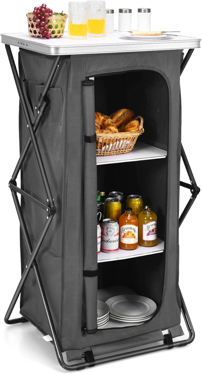 Goplus Folding Camping Storage Cabinet, Pop Up Outdoor Camping Kitchen Station with Large 3-Tier Storage Organizer, Carry Bag, Easy Set Up Portable Compact Camping Table for BBQ Picnic Backyard (47'')
