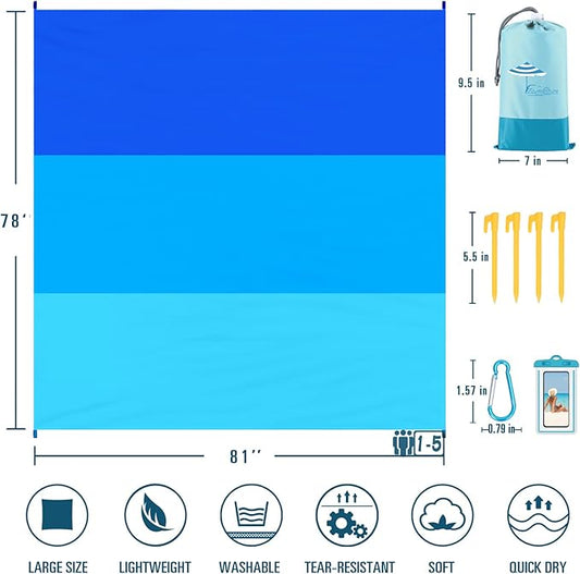 Beach Blanket Sandproof Waterproof 78''×81''1-5 Adults Oversized,Compact Lightweight Durable Beach Mat for Travel Camping Hiking Picnic Blanket