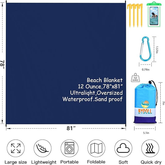 BYDOLL Beach Blanket Waterproof Sandproof 78''×81'' 1-7 Adults Oversized Lightweight Large Picnic Mat Waterproof Sandproof Blanket for Beach
