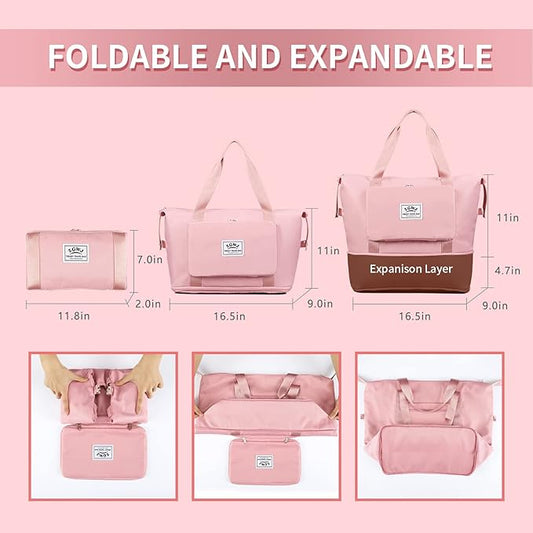 Expandable Travel Duffel Tote Bag - Foldable Overnight Weekender, Carry-On, Swim & Gym Bag - Fits Spirit Airlines Personal Item Size - Lightweight, Waterproof & Durable with Trolley Sleeve, Light Pink