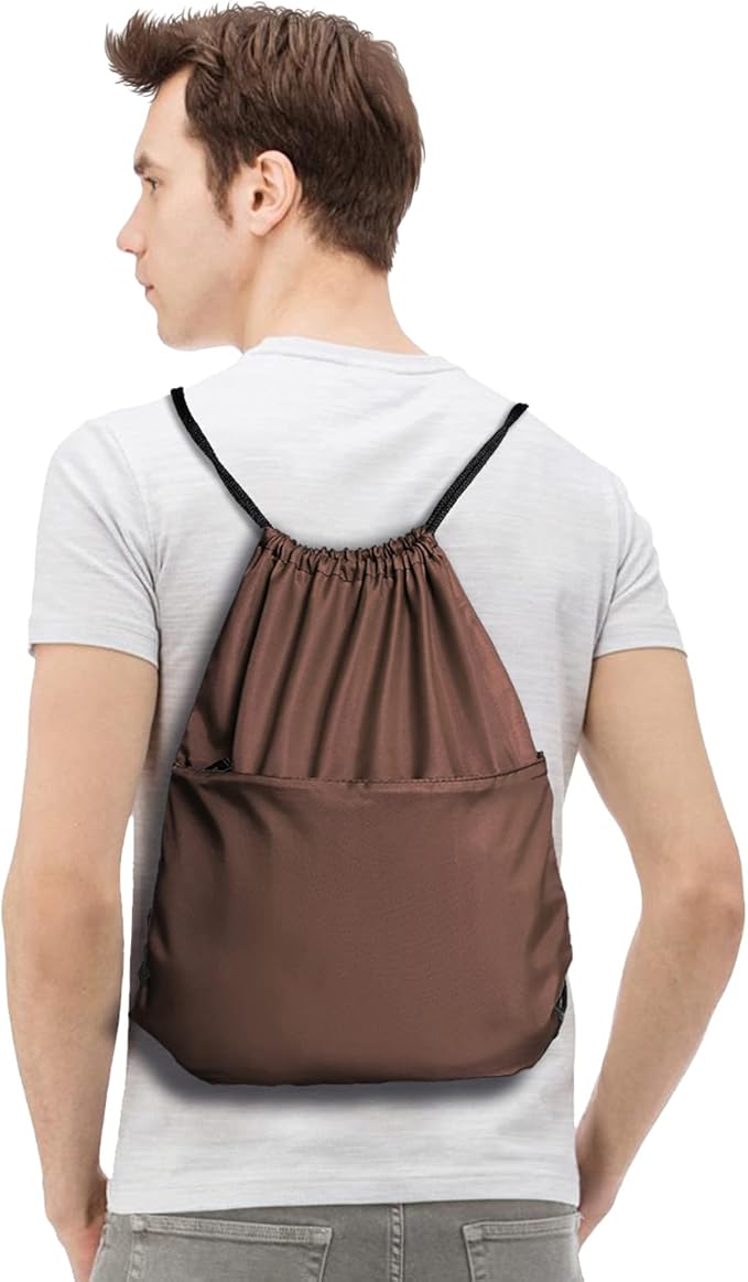BuyAgain Drawstring Backpack Sports Water Resistant String Bag Sport Gym Sackpack for Women Men Students Large Size with Zipper, Brown