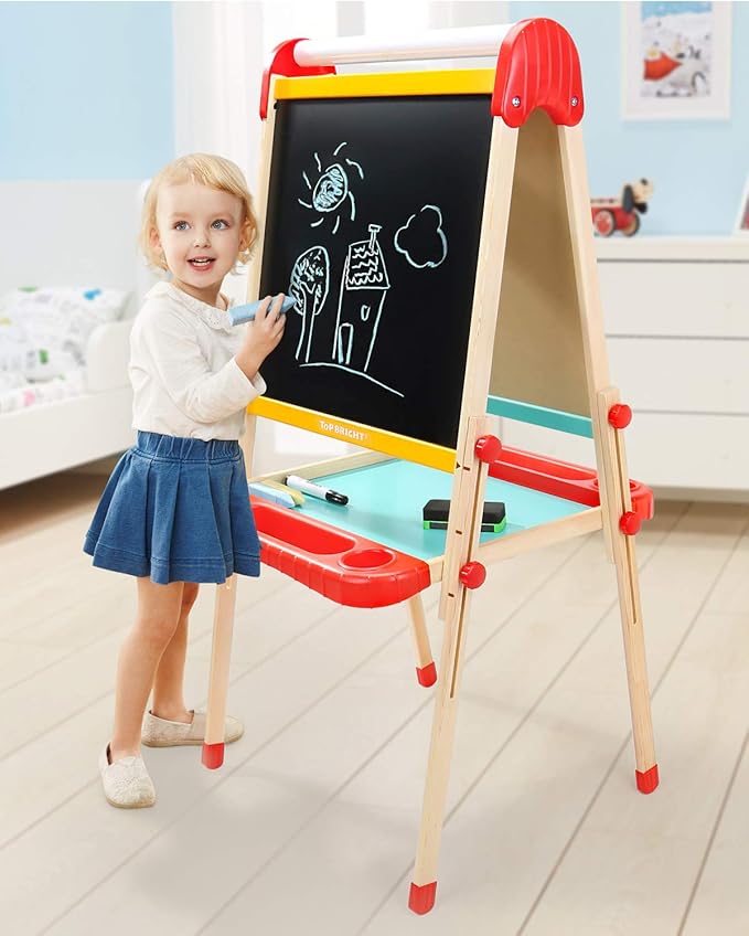 TOP BRIGHT Wooden Art Easel for Kids, Toddler Easel Adjustable with Painting Whiteboard, Child Easel with Magnetic Blackboard