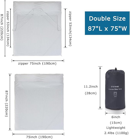 100% Cotton Sleeping Bag Liner with Full Length Zipper on 3 Sides; Single/Double Adult Sleep Sack for Travel & Camping, Multifunctional Travel Sheets (Unzipped 87”x87”) for Hotel, Lightweight