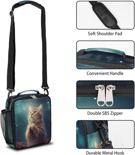 Cat Lunch Box for Kids, Cute Kitten Space Universe Lunch Bag for Boys Girls, Reusable Insulated Waterproof Lunch Box with Adjustable Shoulder Strap Thermal Cooler Tote Bag for School Daycare Picnic