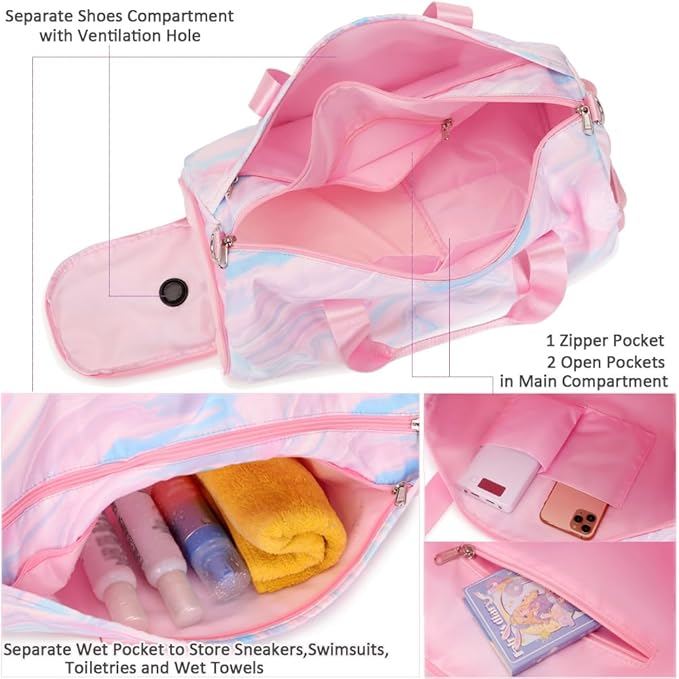 Travel Duffle Bag for Girls - Water Resistant Overnight Weekend Carry On Sports Gym Dance Bag with Shoe Compartment